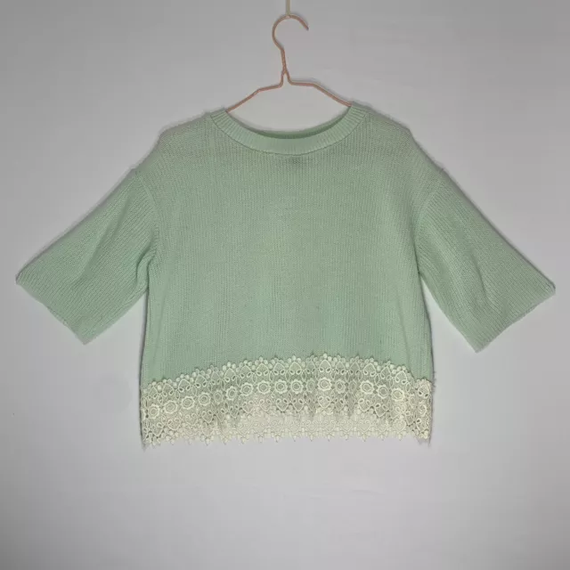 Topshop Cropped Top 8 Green Knit Crochet Lace Short Sleeve Crew Neck Womens