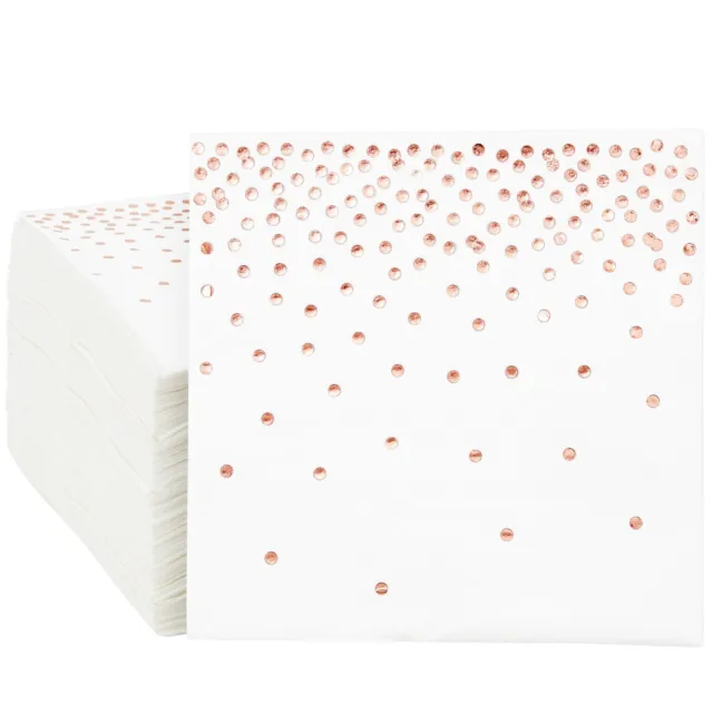100-Pack Rose Gold Cocktail Napkins with Foil Polka Dots for Wedding, 5x5 In