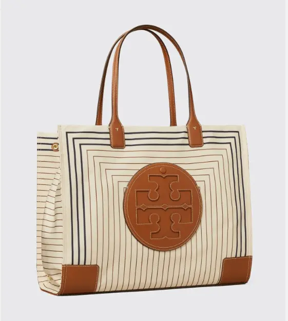 Tory Burch Nylon Ella Printed TOTE Box Stripe Natural Vachetta NWT