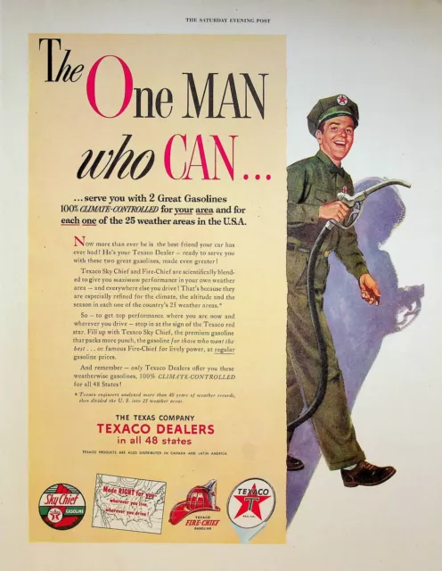 1953 Texaco Dealers Gas Jockey Station Attendant 1950s Print Ad Fire & Sky-Chief