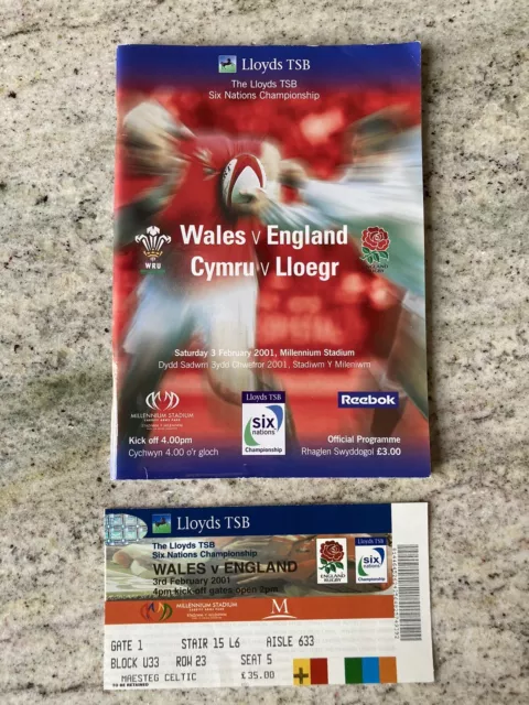 Wales v England Rugby Six Nations February 2001 Programme & Ticket