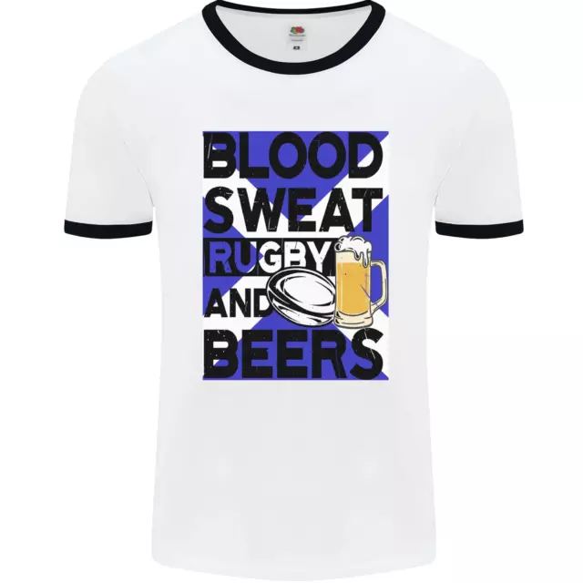 Blood Sweat Rugby and Beers Scotland Funny Mens White Ringer T-Shirt