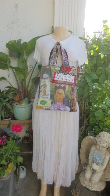 Handmade Boho Upcycle Art Fabric Frida Kahlo Tote  Bag Purse by Vintage Mermaid