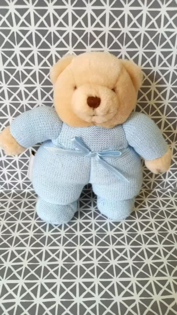 Peluche doudou grelot ours beige bleu maille laine Pasito A Pasito 18 cm