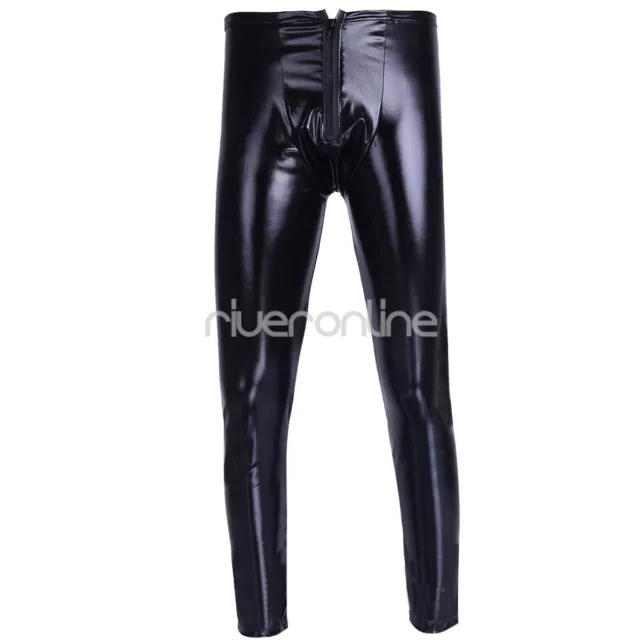 Herren Leggings Wetlook Lackleder Hose Eng Hosen Lang mit Reißverschluss Schwarz