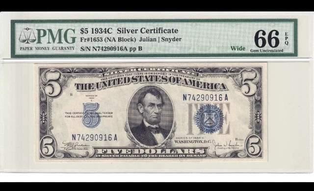 1934-C $5 Silver Certificate Wide Face NA Block PCGS 66PPQ #N74290916A