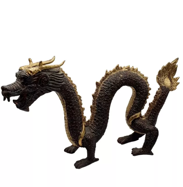 Old Chinese Feng Shui Bronze Gold Gilt Lucky Wealth Zodiac Dragon Statue, Metal