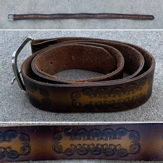 vintage top grain cowhide stamped tooled leather belt size 40 hippy western