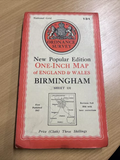 BIRMINGHAM Ordnance Survey Cloth One Inch Map 1947 Sixth Edition Sheet 131