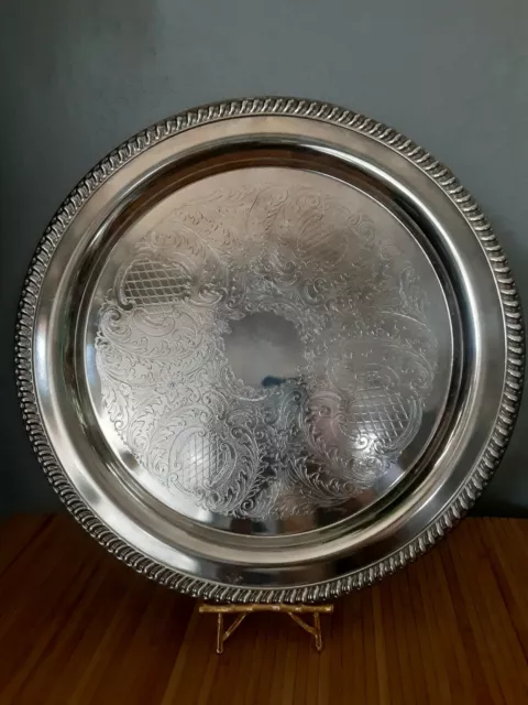 VINTAGE silver Leonard Silverplate round tray embossed 15" diameter 3