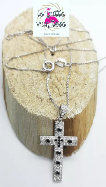 Croce Bellissima In Argento 925 Con Pave' Di Zirconi Neri+ Catenina Omaggio. 2