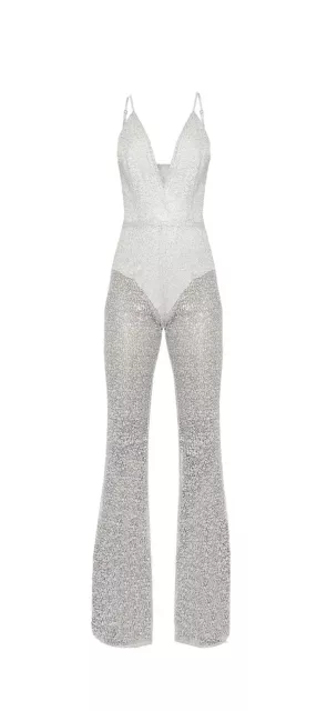 Prettylittlething Silver Glitter Mesh Plunge Jumpsuit  Romper Wide  Leg size 6