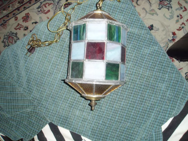 Vintage Hand Made Stained Glass 10 Sided Swag Light Fixture (Needs Cord) ! 2