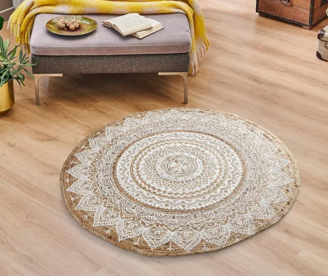 Handwoven Jute Natural Reversible Rugs Round Braided Floor Carpet Mat 110 Cm