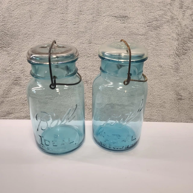2 Vintage Blue Ball Mason Bail Canning Jars Ideal July 14, 1908 w/Clear Lids