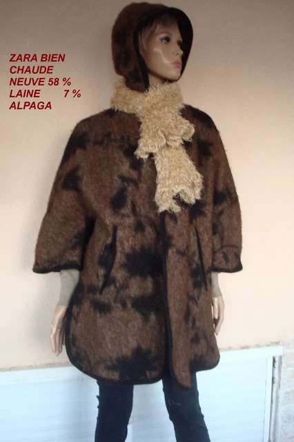 ZARA MANTEAU CAPE A Capuche 48 Laine Alpaga Kado Echarpe