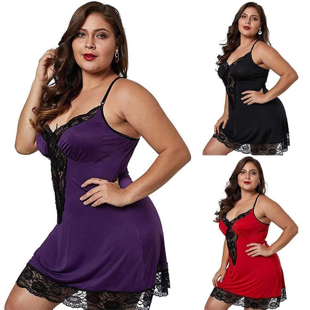 Plus Size Womens Solid Sexy Sissy Lace Babydoll Lingeries Underwear Nightdress