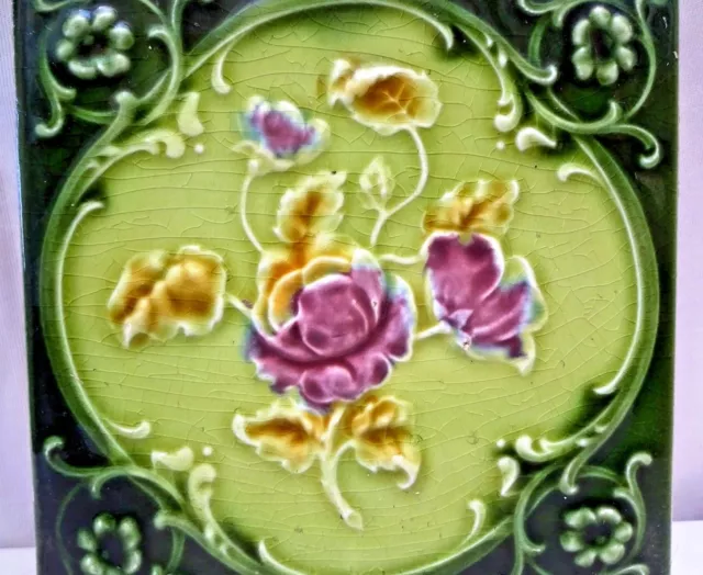 Antique Tile Majolica Art Nouveau England Rose Purple Architecture Floral #174 2