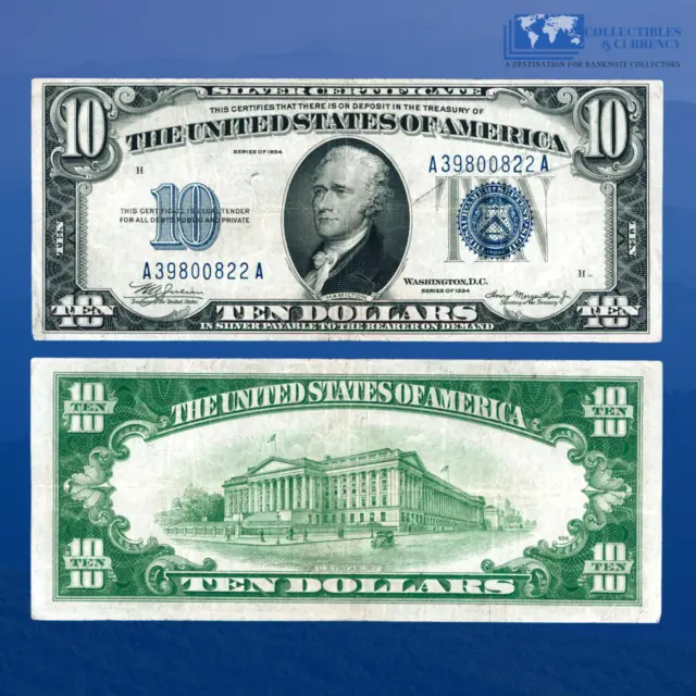 1934 $10 Ten Dollars Silver Certificate Blue Seal Mule, B.P #606, VF #00822