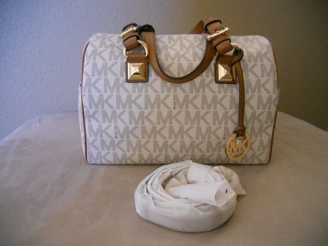 Michael Kors Jet Set Large Grayson Vanilla Signature/Acorn Leather Satchel Bag