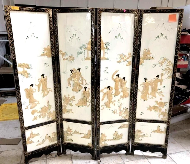 VINTAGE JAPANESE ROOM Divider 4 Panel 24" X 72" Hand Painted w Mother