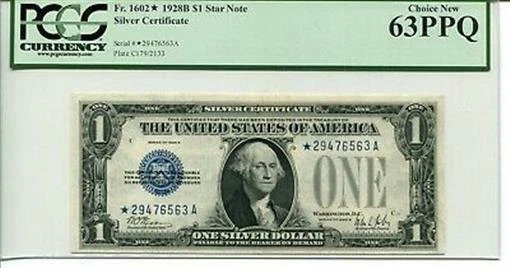 FR 1602* 1928B $1 Star Silver Certificate 63 PPQ CHOICE NEW