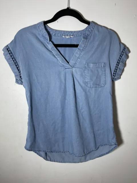 MINE Blue Denim Short Sleeve Shirt Top With Pocket Size Small