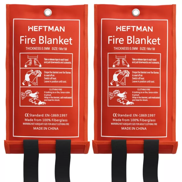 HEFTMAN 2 Pack Fire Blankets Quick Release Home Office Emergencies 1m x 1m Red