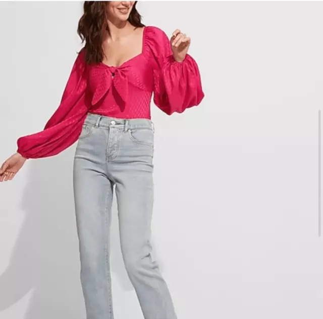 NWT EXPRESS SATIN Jacquard Pink Long Puff Sleeve Bodysuit Size XS $35. ...