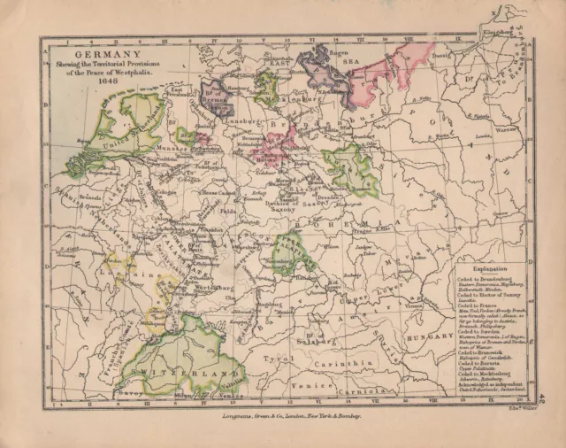 1899 Victorian Historical Map ~ Germnay Territorial Provisions 1648 Westphalia