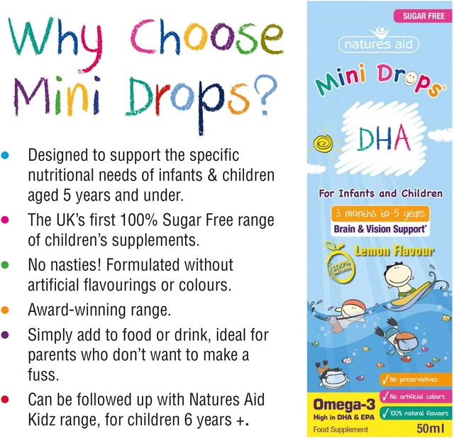 NATURES AID DHA Omega3 Mini Drops for Infants and Children, Sugar Free