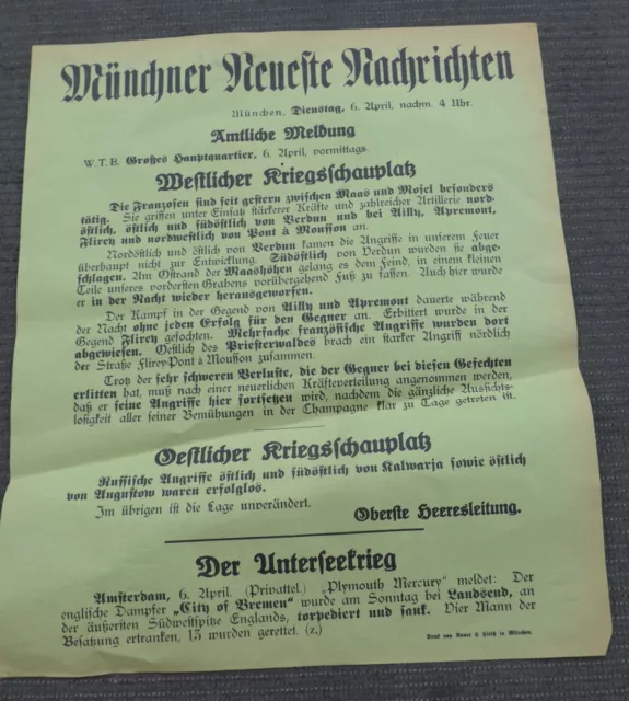 1. WK Plakat Tagesaufruf Aufmacher Münchner Zeitung Maas und Mosel