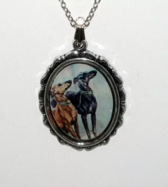 Altered Art 2 Italian Greyhound Dogs Pendant Necklace Antique Silver