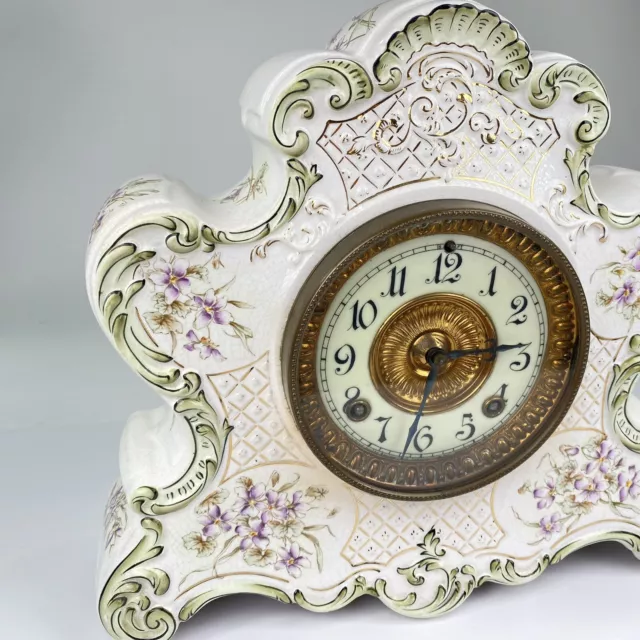 Dresden Floral Porcelain Case 8-Day Mantel Clock Ansonia/Wringer Co No 1378 1890 2