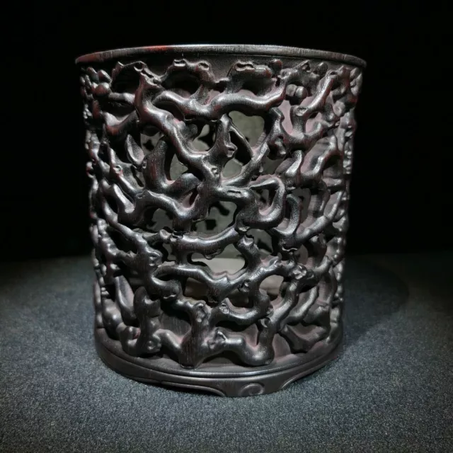 Chinese Vintage Sandalwood Carved Exquisite Hollowed Out Brush Pot Collectibles