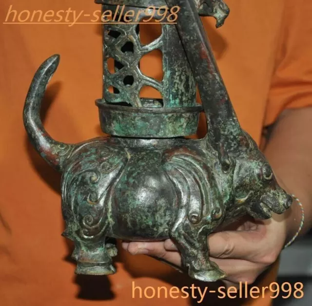 10" Old Chinese dynasty bronze Ware Ox Bull Ox Bovine Palace lamp lantern statue 3