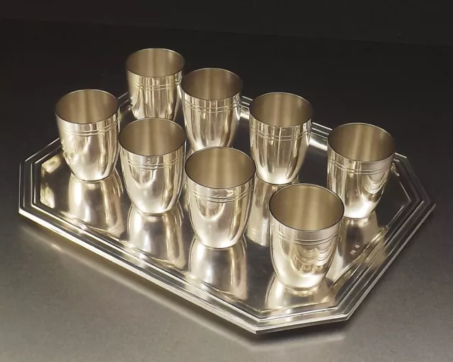 Service A Liqueur Art Deco Plateau Et 8 Verres En Metal Argente Vers 1950