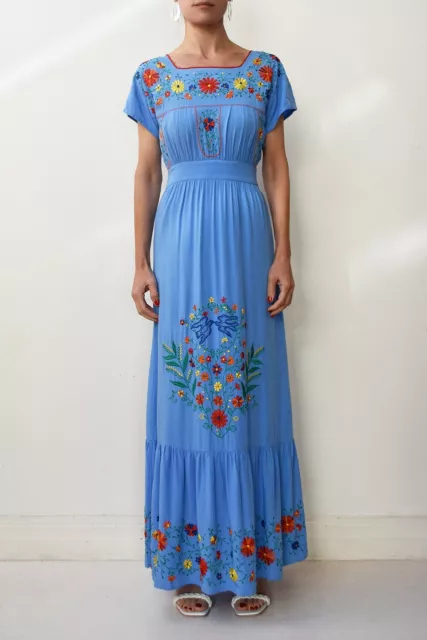 EBONY EVE Blue Multi Floral Embroidered Folk Boho Maxi Dress Sz 10