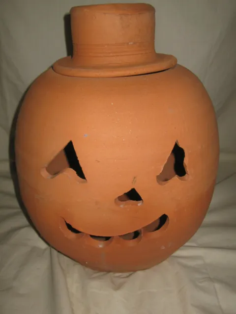Vintage HTF 16" Hewell Pottery Terra Cotta Smiling Pumpkin w/ Hat Gillsville Ga