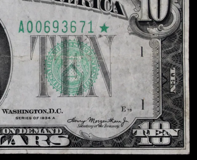 $10 1934A Star Federal Reserve Note A00693671* series A, Boston, ten dollar