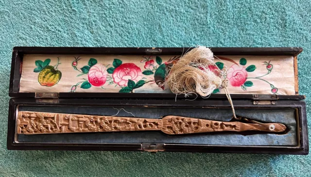 Antique Chinese embroidered silk fan with lacquer case