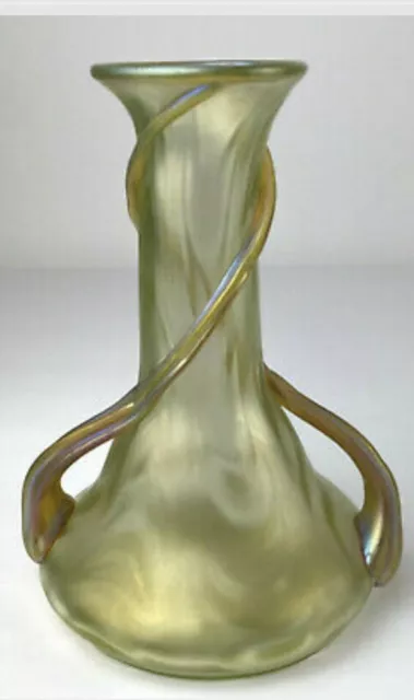 Antique Art Glass Loetz Coppelia Double Fleur De Lis Handled Vase Great Form