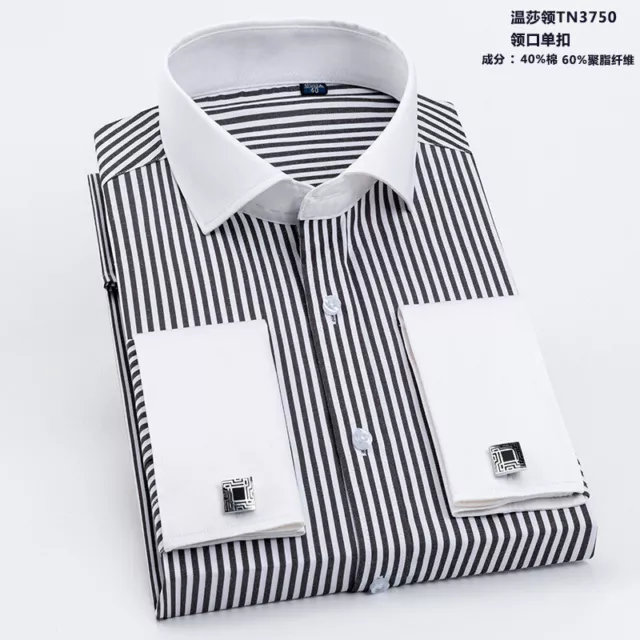 Mens Dress Shirts The White Collar Luxury Slim Fit French Cuff Formal Shirts Top