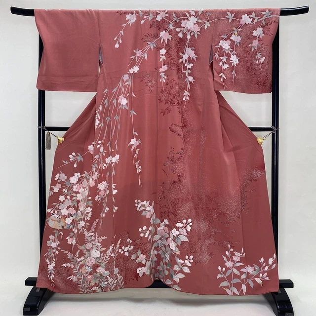 Japanese Kimono "HOUMONGI" Silk L size A rank pink crane kimono  big 1542