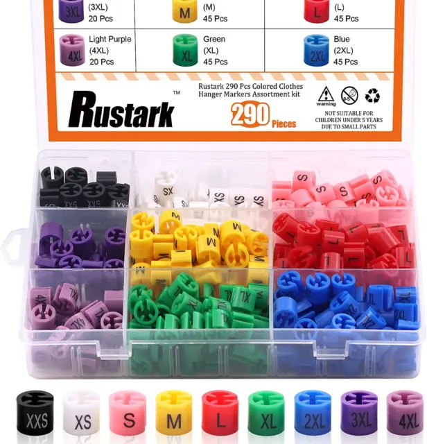 Rustark 290 Pcs Colored Clothes Hanger Markers Assortment Kit- 9 Sizes (XXS - 4X