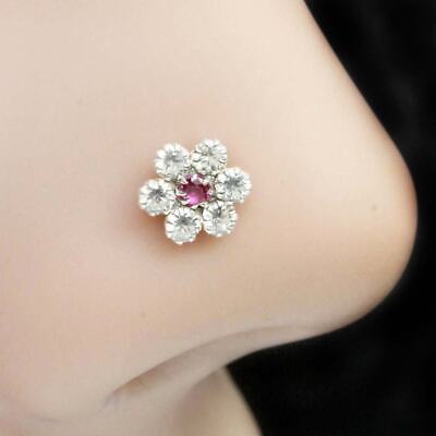 Indian Floral 925 Sterling Silver Pink White CZ Nose ring Push Pin