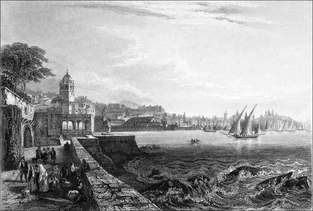 ITALIE (LIGURIE) - Vue du Front de mer à GÊNES au 19eme siècle - Gravure du 19e