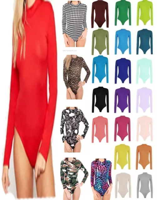 Womens Long Sleeve Ladies High Polo Roll Turtle Neck Bodysuit Leotard Top 8-26