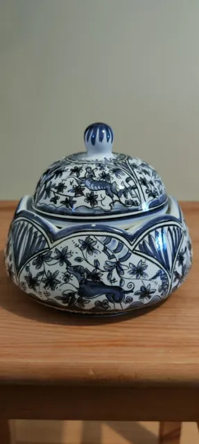 Antique Portuguese Hand Painted Blue And White Ceramic Bowl With Lid 3