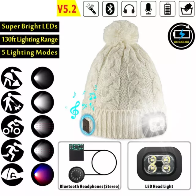 Warm Beanie Hat Wireless Bluetooth Smart Cap Headset Headphone Speaker Mic LED